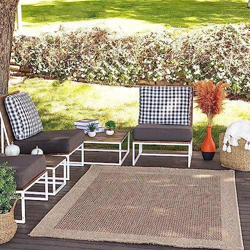 Livabliss Cairns Outdoor wetterfest – 120 x 170cm für Balkon, Terrasse, Garten & Küche – Boho-Stil für drinnen & draußen in Beige und Schwarz