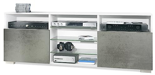 Vladon TV-Board Granada, Lowboard mit 2 Türen und 6 offenen Fächern, Korpus Weiß matt, Fronten in Beton dunkel Optik (146 x 54 x 35 cm)
