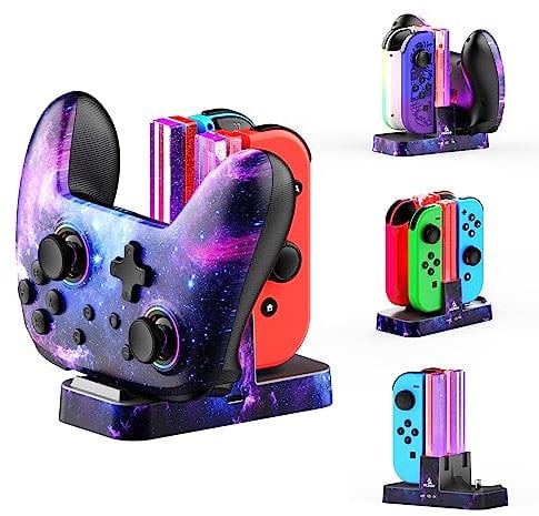 NexiGo Cargador Mejorado para Nintendo Switch y Switch OLED, Base de Carga para Joy-Cons y Pro Controller con Cable de Carga USB Tipo C e Indicador LED