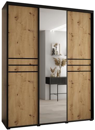 MEBLE KRYSPOL Davos 11 200 Schrank mit DREI Schiebetüren für Schlafzimmer - Moderner Schrank mit Spiegel, Kleiderstange und Regalen - 235,2x200x45 cm - Schwarz Artisan Schwarz