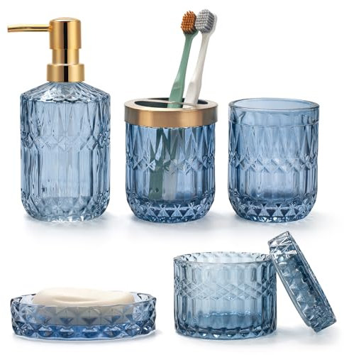 Lot de 5 Accessoires de Salle de Bain en Verre Bleu avec Distributeur de Lotion, Porte Savon, Porte Brosse à Dents, Gobelet, Pots de Cotons-Tiges, Décoration de Bain Moderne, Cadeau Vintage