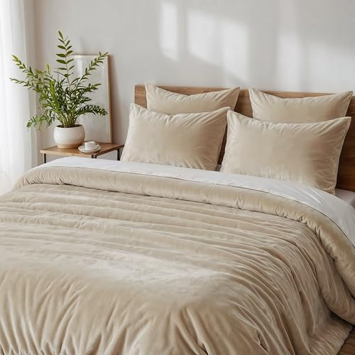 Cozyor Kuschel-Bettwäsche extra dick und weich Plüsch, robuster Reißverschluss 1x Deckenbezug 155x220 cm, 2X Kissenbezug 80x80 cm, 3-teilig, beige Driftwood