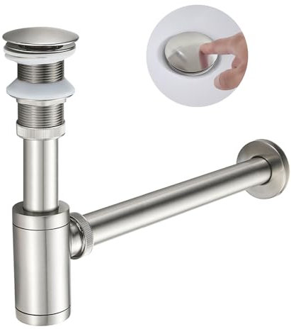 KEOKBON Universal Siphon Set für Waschbecken & Waschtisch, Syphon Pop up Ablaufgarnitur ohne Überlaufloch Stöpsel Abfluss Geruchsverschluss Reinigungsöffnung passgenau Röhrensiphon, Gebürstetes Nickel