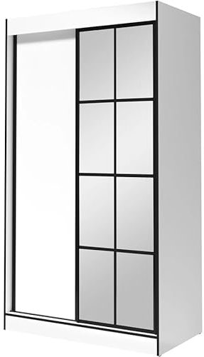 Albello - Kleiderschrank mit Spiegel OSILIO, Schwebetürenschrank, Schiebetürenschrank, Garderobenschrank, 2 Türig Schrank, Schlafzimmer Schrank in Weiß und Schwarz, 120 x 65 x 216 cm