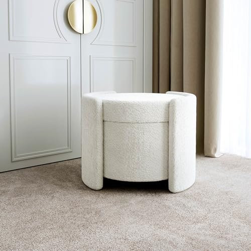 Maeva Fabric Storage Stool - Soft Bouclé Fabric Round Ottoman Footstool - Pouffe Storage Seat Upholstered in White - Ideal for Lounge, Living Room, and Bedroom Decor - 40 x 54 x 46cm
