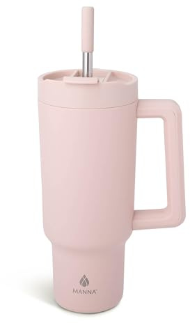 Manna Stainless Steel Double Wall Insulated Tumbler with Smart Seal Dual Sip Lid and Straw Fit Handle - 40 Oz - Rose Quartz Powder Coat