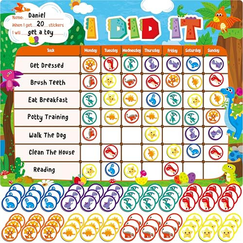 Tabla de Recompensas Magnética, Tablero de Tareas con Borrado en Seco - Una Tabla & 72 Imanes Magnéticos de Recompensa, Tema de Dinosaurios, Rastreador de Comportamiento para la Rutina Diaria