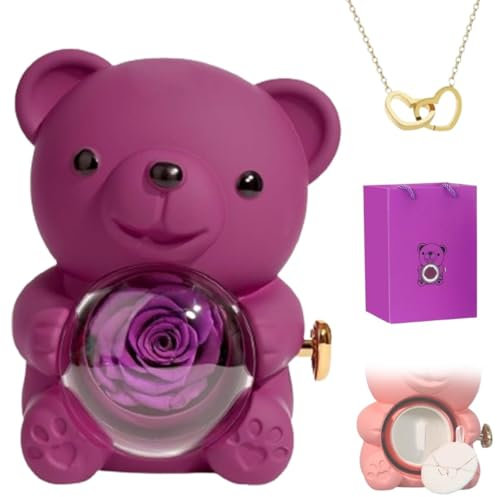 Engraved Heart Necklace with Real Rose Bear Giftbox, Preserved Rose Hug Bear Gifts for Women with Heart Necklace, Rose Bear With Box and Necklace for Wife Mom Grandma Girlfriend Valentines Day Birthda