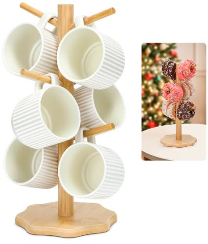 Euqvunn 6 Cups Mug Tree, Wooden Mug Stand Cup Tree, Kitchen Storage Rack Coffee Cup Holder, Countertop Mug Holders with Anti-Slip Weighted Base Coffee Cup Stand for Mugs for Kitchen, Cafe(No Mugs )
