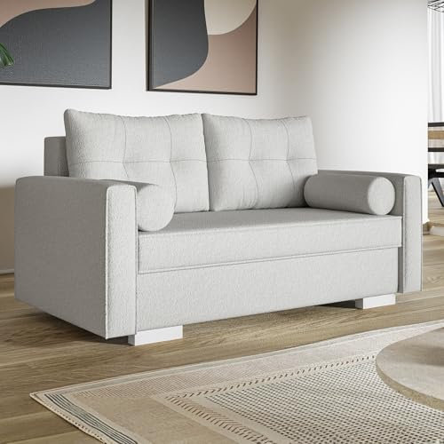 MOTIVENA Viena 2 Sitzer Sofa mit Schlaffunktion, Schlafsofa 160 cm Breit, Sofa 2 Sitzer, 2er Sofa, Sofa Klein, Keine Couch, Schlafsofa 2 Sitzer, Taschenfederkern (H3), Boucle Sofa Milch (Weiß)