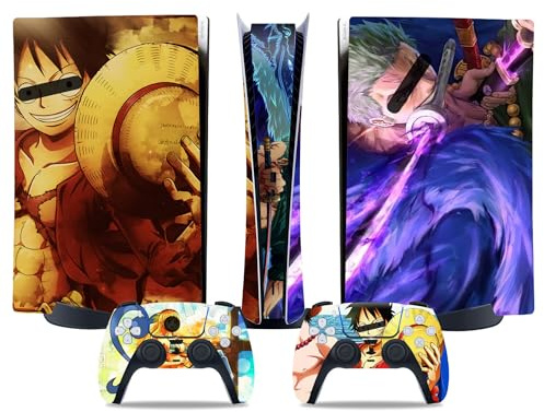 MaD Vision® Kit de Skins Extra-résistants pour PlayStation 5 (PS5) Pro Disc et Pro Digital | Ensemble de Stickers vinyles Mats pour Console et 2 manettes – Anime|OP|Luffy|Zoro|Nami Manga Design