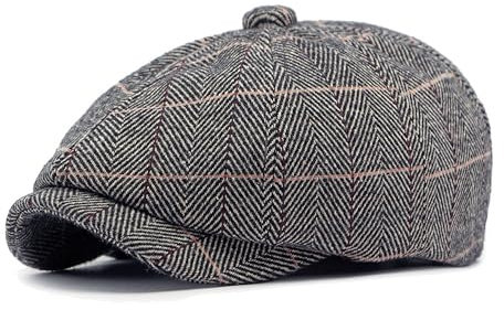 besbomig Schirmmütze Herren Tweed Flachkappe, 8-teilige Bäckerjungenmütze, Barret Schiebermütze Gatsby Newsboy Stil Baskenmützen, Frühling Herbst Winter, 56-59cm, Grau