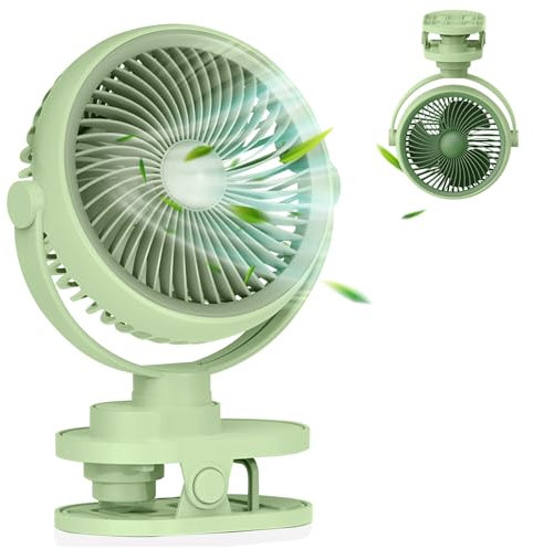Camping Ventilator mit LED Nachtlicht , Wiederaufladbarer USB-C Klein Clip Ventilator mit Akku, 5 Geschwindigkeiten & 360° Drehung, Mini Tischventilator für Zuhause, Büro, Kinderwagen, Outdoor (Grün)