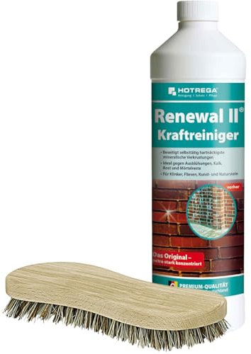 HOTREGA Renewal II Kraftreiniger Konzentrat 1 Liter | Entfernt Kalk, Rost, Zement- und Mörtelreste von Fliesen Natur- & Kunststein |inkl. Wurzelbürste