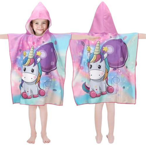 Montrestar Badeponcho Kinder mit Kapuze, Mikrofaser Poncho Handtuch Einhorn, Saugfähig Badetuch Mädchen, Badehandtuch für Schwimmbad Strand Mädchen Jungen Kleinkind (Kinderhöhe: 85-110cm)