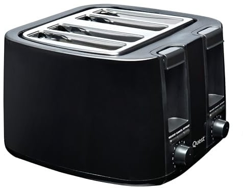 Quest 4 Slice Toaster with Wide Slots / 7 Browning Levels/Reheat & Defrost/Crumb Tray & Cord Storage / 1500W (Black)