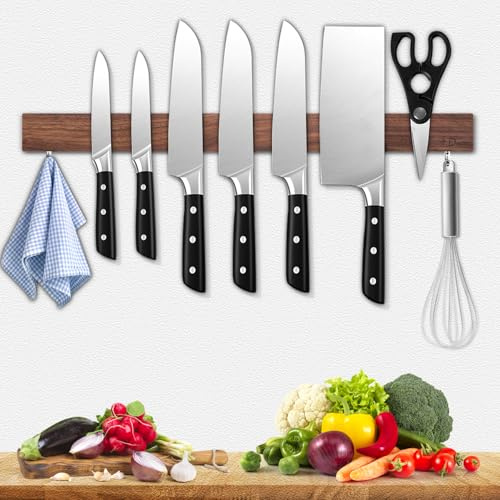 Dmore Barra magnética de 50 cm para cuchillos de nogal, con 2 ganchos, soporte para cuchillos largo, magnético, extremadamente autoadhesivo, soporte para cuchillos de madera para una cocina ordenada
