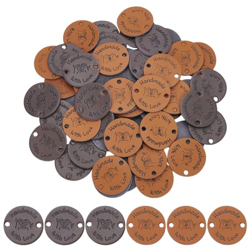 UNICRAFTALE 60 Stück 2 Farben Handgefertigte Etiketten Kunstleder Häkeletiketten Liebes Häkeletiketten Runde Geprägte Etiketten Für Heimwerker Basteln Stricken Nähen Hüte Geldbörsen Kleidung 25mm