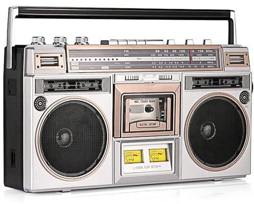 Registratore portatile di cassette con radio AM/FM, altoparlanti stereo integrati, slot USB/Micro SD, ingresso AUX, jack per cuffie, converte le cassette in USB/SD