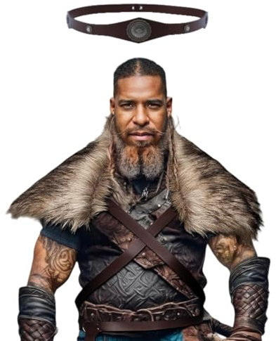 JIAHG Mens Viking Faux Fur Shoulder Wrap Shawl Headband Set Medieval Warrior Costume Cape Outfit Norse Barbarian Fur Collar Renaissance Fair Cloak For Halloween LAPR Cosplay (Brown)