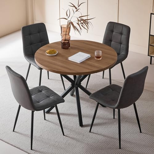 GrandCA HOME Esstisch- und Stuhlset, 4 Technisches Leder mit Hoher Rückenlehne und EIN 100 cm Langer Moderner Runder Esstisch, Geeignet für Küchen, Esszimmer und Wohnzimmer (Dunkel + Dunkelgrau)