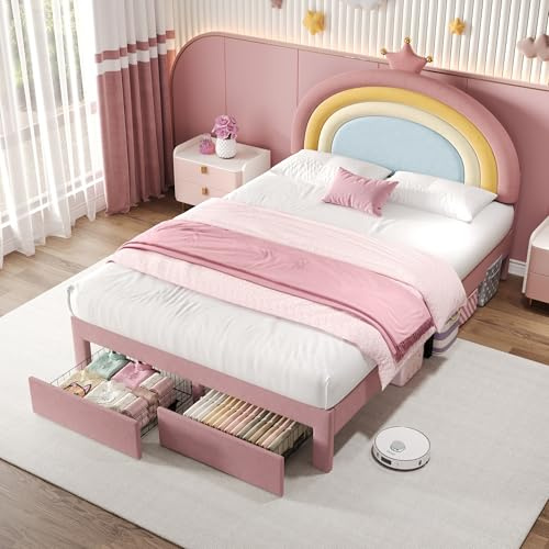 4ft6 Double Bed Frame, Upholstered Platform Bed with Adjustable Rainbow Headboard and Drawer, Wooden Slats, No Box Spring Needed, Easy Assembly, Velvet Beds for Adults Kids Teenagers, 135x190cm (Pink)