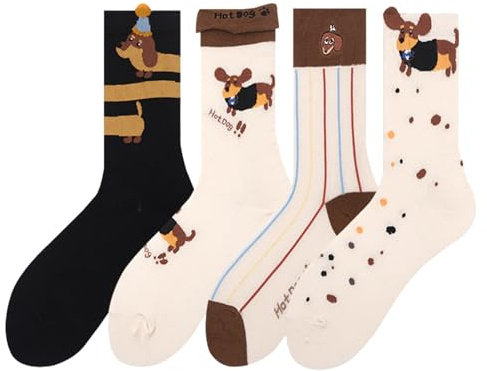 Komergave 4-Paar Dackel Socken, Atmungsaktiv Witzig Bunt Dackelsocken, Socken Dackel Damen Hundemotiv für Herren & Damen, Geburtstagsgeschenk für Hundeliebhaber Frauen & Männer