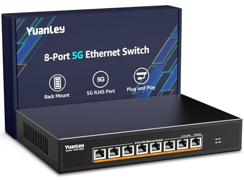 YuanLey Commutateur Ethernet 8 Ports 5G, 8×5Gbps RJ45, 80Gbps de Capacité de Commutation, Switch Réseau Non Géré Plug & Play, Installation sur Bureau ou Rack 19, Idéal pour NAS, WiFi 6 et Jeux