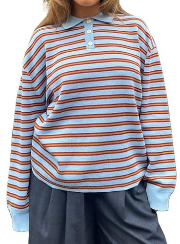 Kouoybt Womens Striped Long Sleeve Tops Oversized Button-Down Polo Shirt Vintage Collared Sweatshirt