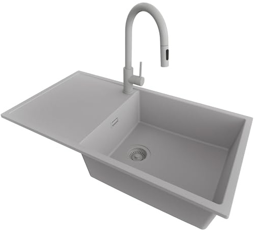 PRIMAGRAN Granitspüle ab 60er Unterschrank + Küchenarmatur, 90x50cm | Set: Küchenarmatur BW9010 + Ablauf-Set (Siphon, Ablaufgarnitur, Überlauf) + Spülbecken 1 Becken - Ibiza , Alles Grau