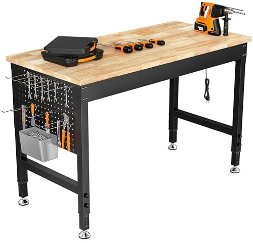 CAMMOO 122 x 61 cm verstellbare, robuste Werkbank, max. 907 kg Tragfähigkeit, Gummibaumholz-Arbeitstisch mit Lochwand, Steckdosen, Werkbank für Garage, Werkstatt, Büro, Zuhause, Gewerbe