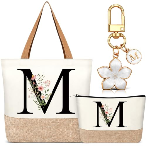 Hestya Set 3 Regalos para Mujer Bolso Tote Personalizado con Inicial Bolsa de Compras de Lona Neceser con Alfabeto Bolso de Maquillaje Llavero con Letra para Amiga Colega Cumpleaños Boda