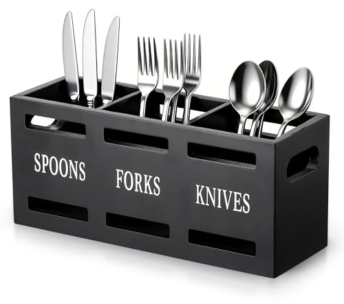 Zocipro Wooden Cutlery Holder – 3 Compartment Kitchen Utensil Organiser, Large Capacity Storage Caddy for Forks, Spoons & Cutlery – Multipurpose Flatware Holder for Kitchen, Dining Table or BBQ