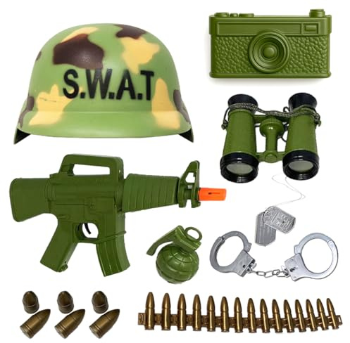 Toyana Army Set for Kids - SWAT Soldier Role Play Set with Camouflage Helmet, Toy Rifle, Binoculars, Handcuffs, Grenade & Dog Tags, Military Fancy Dress Accessories for Boys & Girls