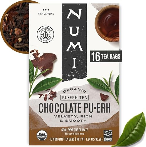 Numi Organic Chocolate Pu-erh Tea, 16 Dark Tea Bags, Aged Yunnan Pu-erh Tea with Cocoa