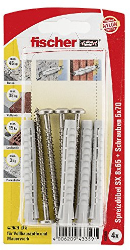 Fischer Dübel SX 8 x 65 S A2 K SB-Karte, 4 x Spanplattenschraube 5 x 70 A2, rostfrei, 043359