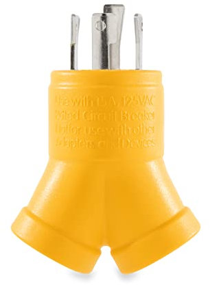 Camco Strapazierfähiger PowerGrip 4-Zinken-Generator-Adapter – ermöglicht eine einfache und sichere Verteilung von Strom von 30 A Steckerbuchse in Zwei 15 A Buchsen (55438), gelb