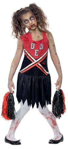 Smiffys Zombie Cheerleader Costume, Red & Black with Blood Stained Dress & Pom Poms, Halloween Child Fancy Dress, Zombie Dress Up Costumes