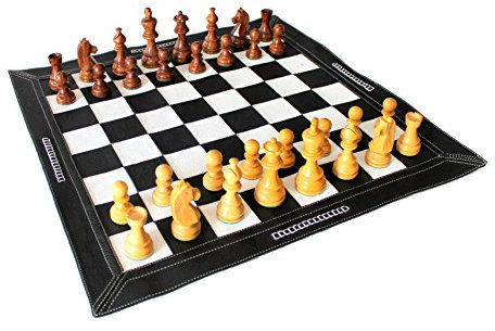 StonKraft 19 x 19 Schachspiel zum Aufrollen aus echtem Leder - mit Kunststoffschachfiguren - Farbe Schwarz