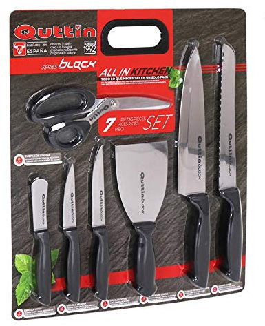 Quttin 47721 Set Cuchillos, Tijera y Espátula, Negro, 7 Piezas, Acero