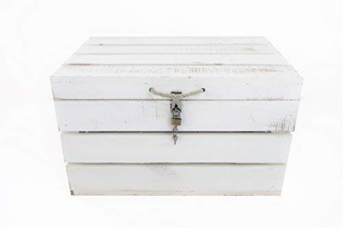 Baúl con Cerradura Blanco Vintage de Madera Sam, Blanco Vintage, Asas Cuerda, Baúl Almacenamiento, 49x32x30cm. Incluye Imán Personalizable de Regalo.