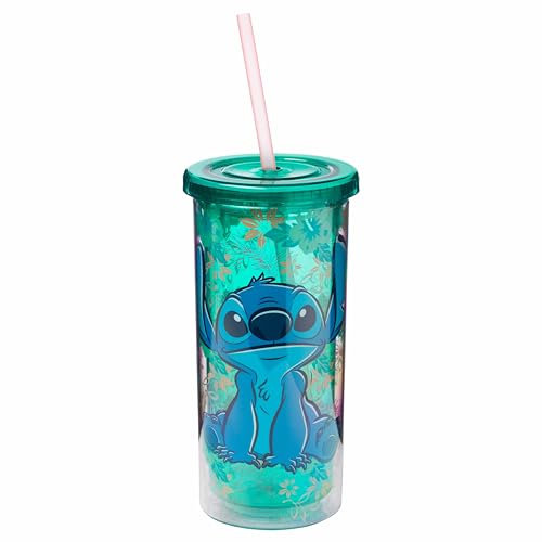 Silver Buffalo Disney Lilo and Stitch - Vaso alto de plástico con tapa y popote, diseño tropical, 20 onzas