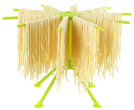 Ourokhome Collapsible Pasta Drying Rack, Plastic Foldable Homemade Fresh Spaghetti Stand Dryer Noodle Hanger for Kitchen with 10 Arms, Stable, Easy Storage, Quickly Set Up (Green)