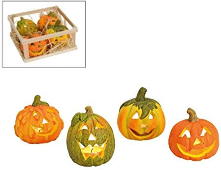 Halloween 4er Set in Kiste Deko Windlicht Teelichthalter Kerzenhalter „Kürbis mit Gesicht“ aus Ton 4-Fach Sortiert -orange/grün/gelb Ø8 x H8 cm