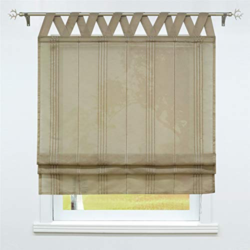 SCHOAL Raffrollo mit Schlaufen Halbtransparente Raffgardine Landhaus Schlaufenrollo Gardinen Leinen Streifen Muster 1 Stück BxH 120x140cm Braun