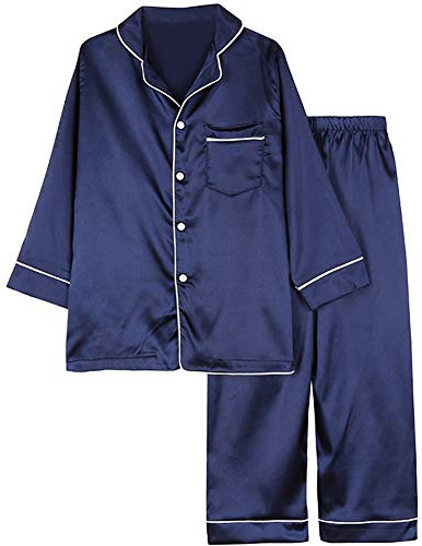 amropi Ensemble Pyjama De Famille Pyjamas en Soie Vêtement de Nuit Ensembles pour Femme Enfant Bleu,XL