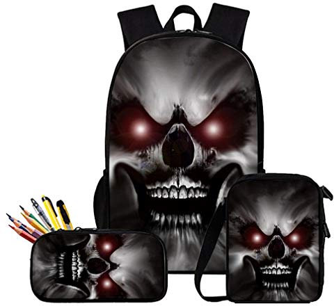 NCTCITY Rucksack + Umhängetasche + Federmäppchen Totenkopf 3D Druck Student Daypack, Messenger Bags und Bleistift Beutel Kosmetiktasche Reiseorganizer Reise Schultasche Laptoptasche
