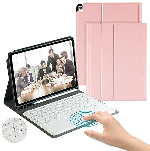 YMXuan iPad Keyboard Case with Touchpad for iPad 9th/8th/7th Generation (2021/2020/2019), Detachable Wireless Keyboard for iPad Air 3/iPad Pro 10.5, Bulit-in Pencil Holder, Auto Sleep/Wake (Pink)
