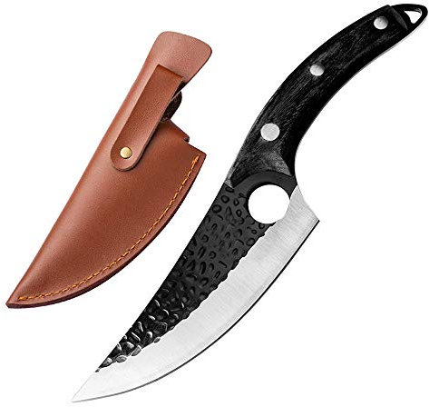 Dream Reach Viking Ausbeinmesser Handgeschmiedetes volles Tang Japanischer Koch Fleischbeil mit Lederscheide Carbonstahl für Küche Outdoor BBQCamping Geschenk