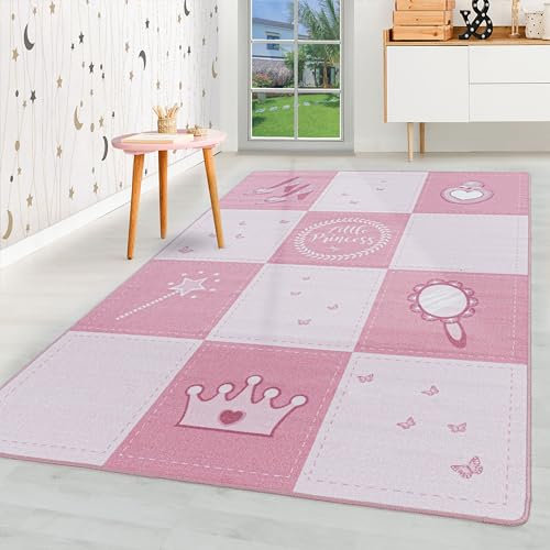 HomebyHome Kurzflor Kinderteppich für Jungen und Mädchen 100 x 150 cm Pink Prinzessin Design - Waschbarer Teppich Extra Weich und Antiallergen - Teppich für Kinderzimmer, Babyzimmer und Spielzimmer